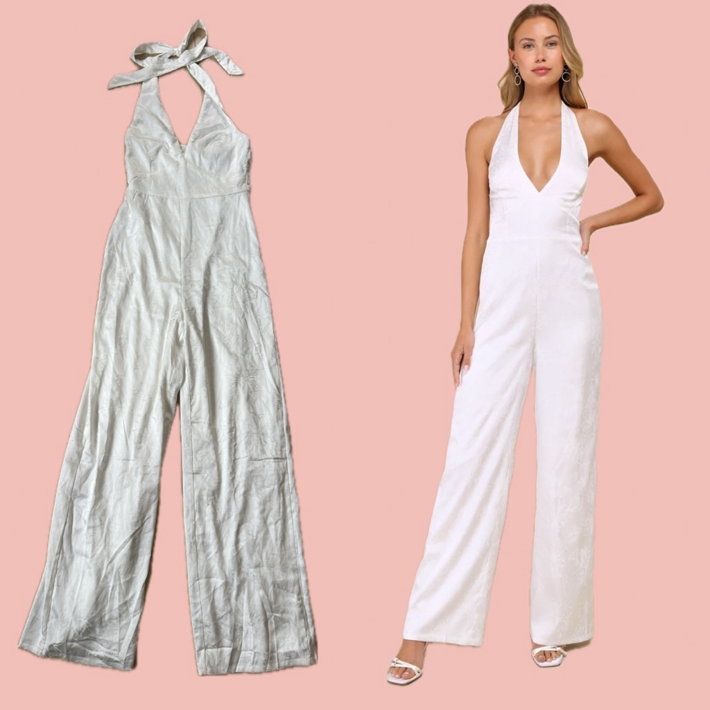 Lulus Ivory Jacquard Halter Jumpsuit Wide Leg Open Back S